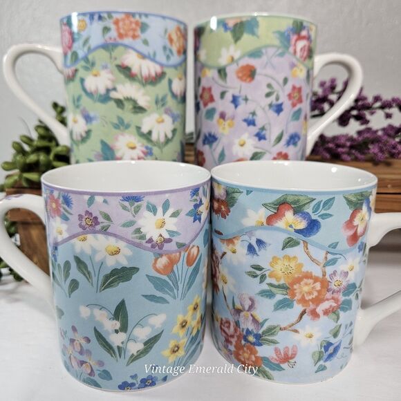 Vtg Chintz Charming Andrea Sadek Julia Bullmore Mug Set Of 4 Cups Japan Floral - Picture 2 of 11